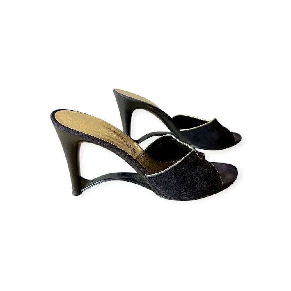 Andrew Geller Black Suede Gold‎ Trim Cutout Wededge Sandals, Vintage,
